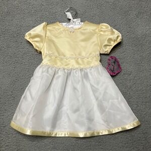 VTG NWT Rose Cottage Dress Girls 24M Yellow White Floral Puff Sleeve Satin 90s